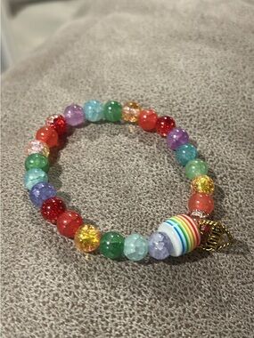 Rainbow Multicolor Beaded Stretch Bracelet with Disc Accent
